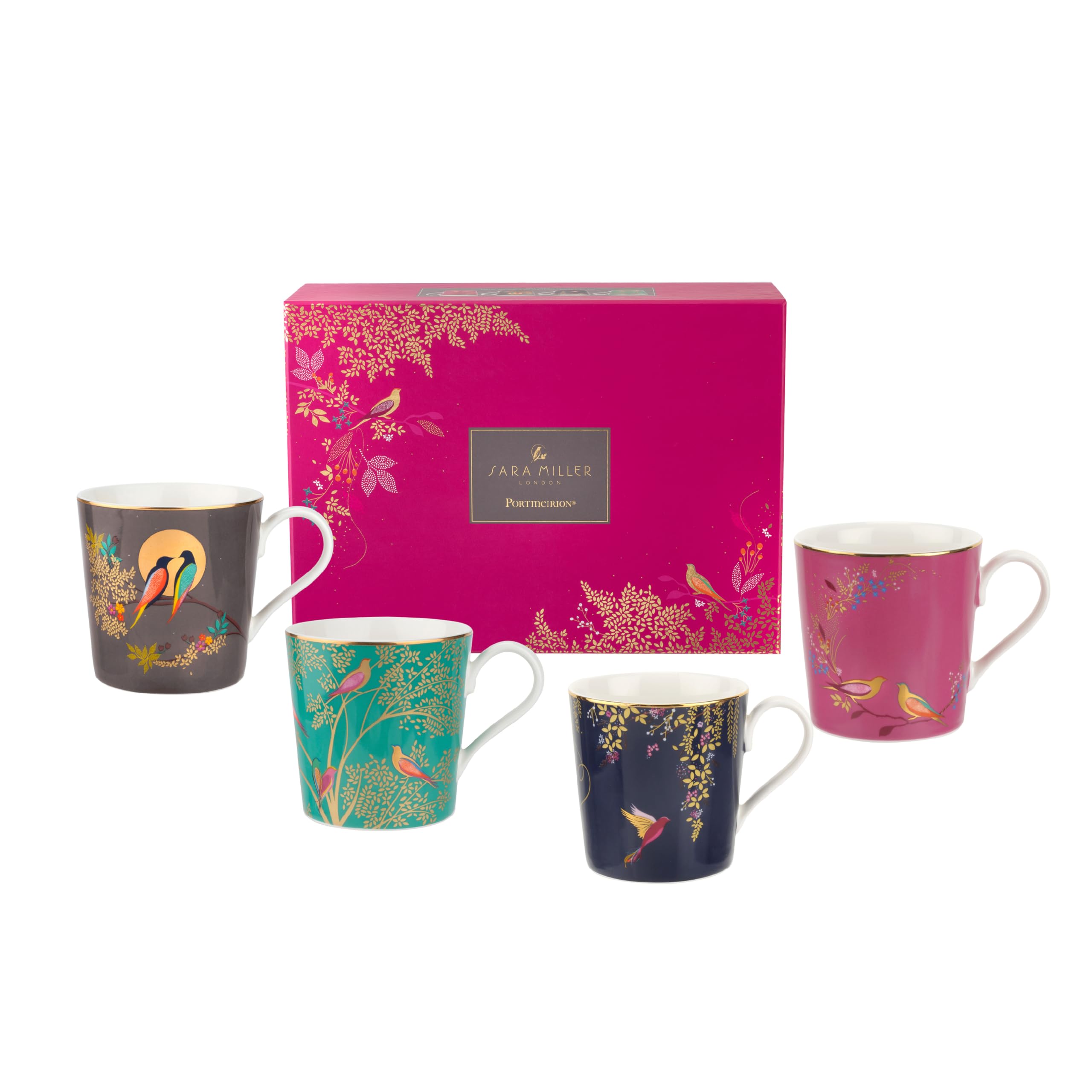 Portmeirion x Sara Miller London Set of 4 Assorted Mugs - Elegant Fine China Tea and Coffee Cups with 22-Carat Gold Detailing, Chelsea Collection, Gift Boxed, A Timeless Blend of Style and Quality