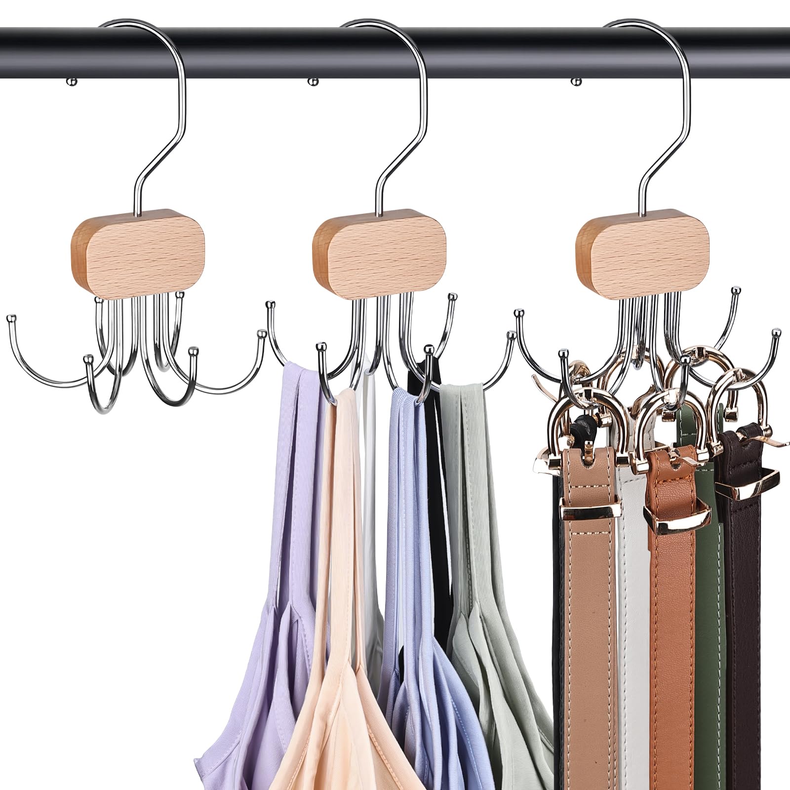 Draxzor 3 Pack Tank Top Hangers, 2026 Upgraded Bra Hanger for Closet Organizer & Storage, 360° Rotating & Foldable Design, Wooden Space-Saving Hanger for Tank Tops, Bras and More (Natural)