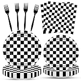 100 Pcs Racing Checkered Party Supplies Set, Serves 25 – Disposable Black and White Checkerboard Paper Plates, Napkins, and Forks, Race Car Themed Tableware for Birthday, and Racing Table Decorations