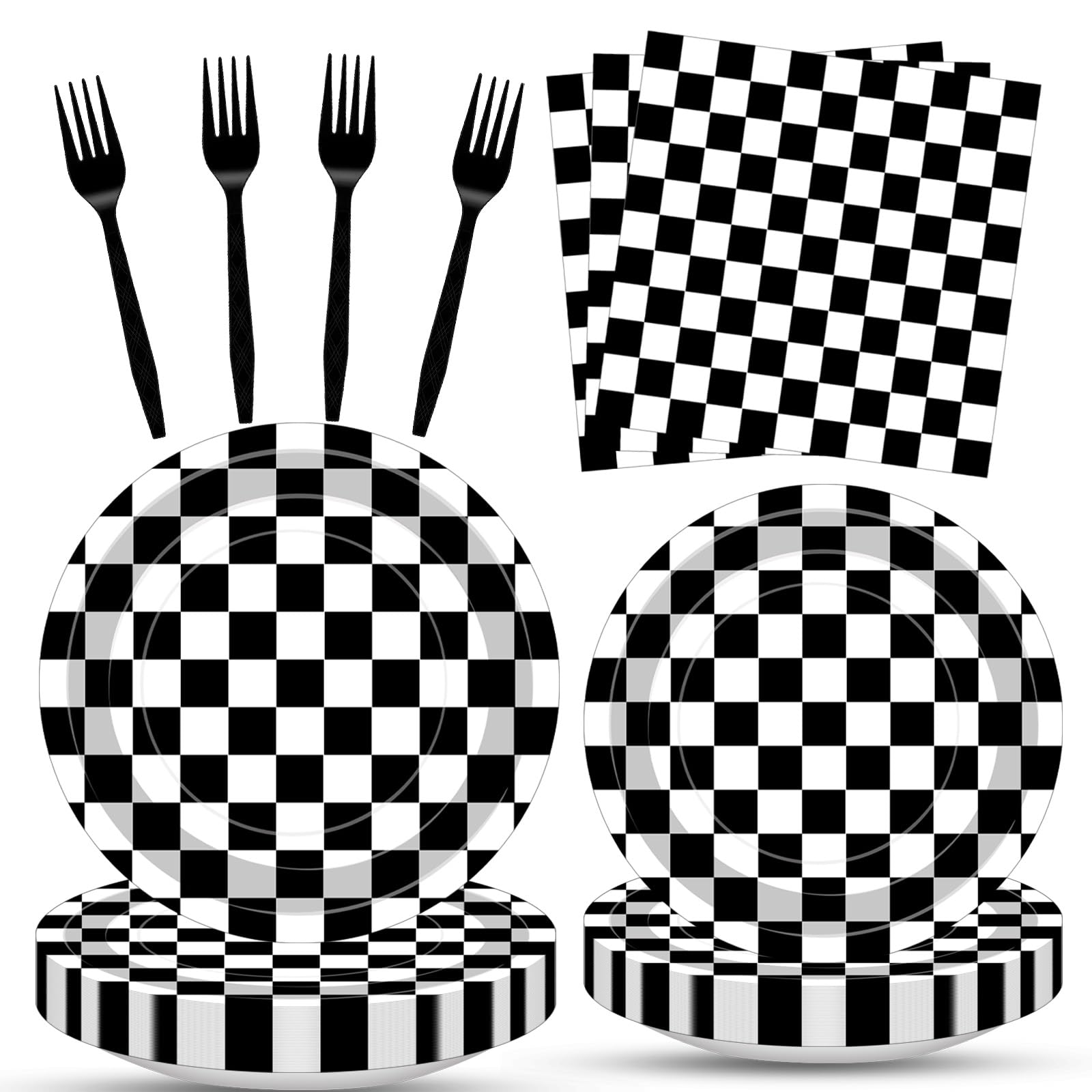 Photo 1 of 100 Pcs Racing Checkered Party Supplies Set, Serves 25 – Disposable Black and White Checkerboard Paper Plates, Napkins, and Forks, Race Car Themed Tableware for Birthday, and Racing Table Decorations