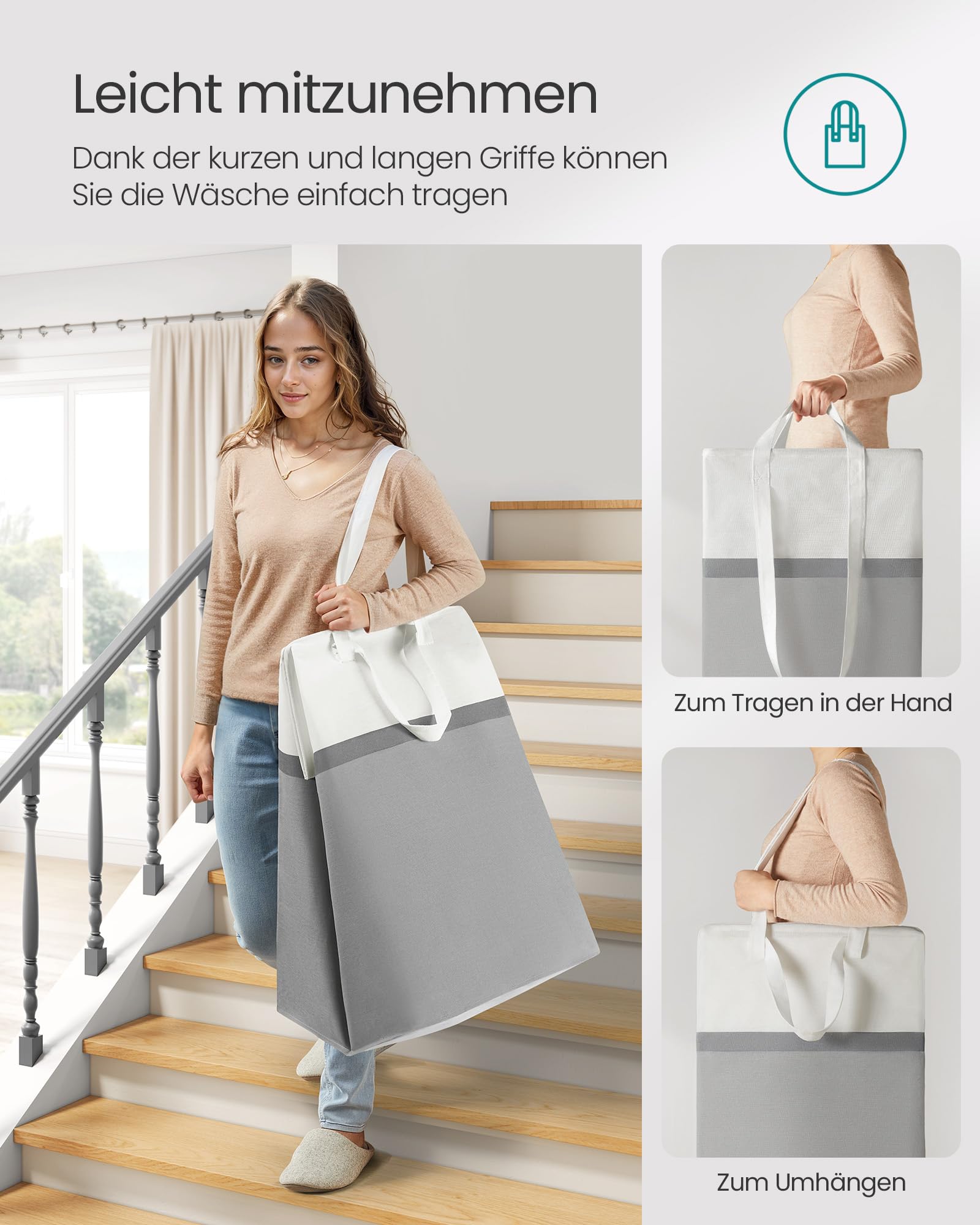 SONGMICS Wäschekorb 2er Set, 110 L Wäschesammler faltbar, mit kurzen und langen Griffen, leicht zu tragen und zu reinigen, freistehend, für Schlafzimmer Badezimmer, taubengrau LCB210G02 5