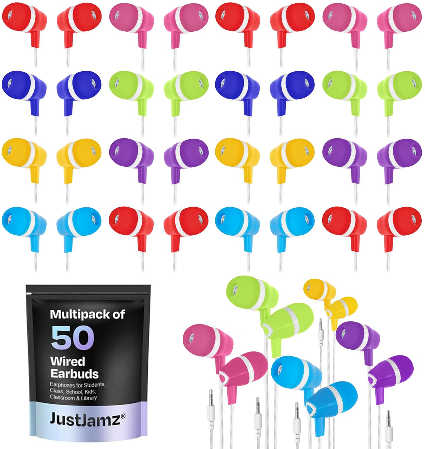 JustJamz Bulk Earbuds Bubbles 50 Pack of Colorful in-Ear Earbuds Mixed Colors Pack of Wired in-Ear Earphones Compatible with Smartphones for Schools, Kids, Classrooms & Libraries