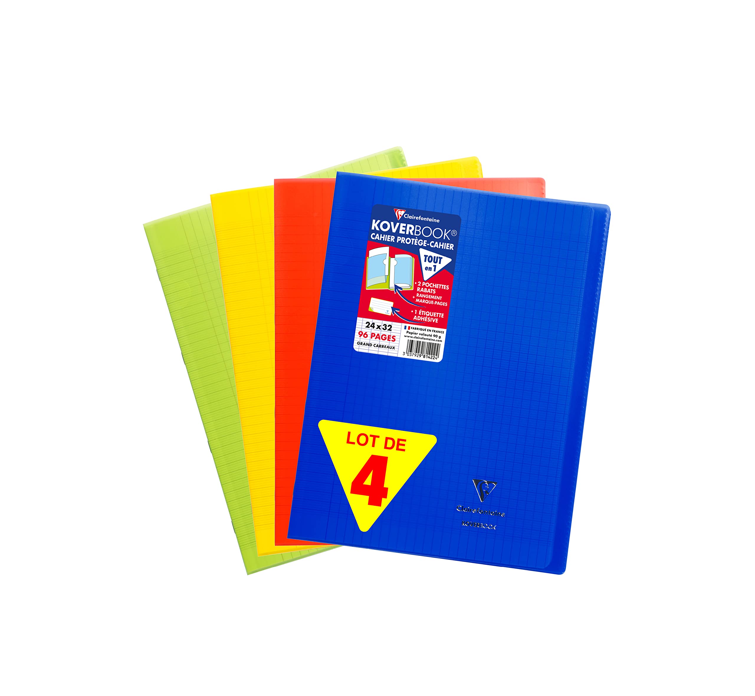 Clairefontaine 981440AMZC – Koverbook Polypropylene Cover 96 Pages 24 x 32 cm Large Squares – Pack of 4 (Navy Blue, Red, Green, Yellow)