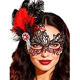 Urieo Feather Masquerade Mask Lace Venetian Mask Rhinestone Cosplay Masks for Women
