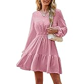 ETOSELL 2026 Womens Mini Dresses Long Sleeve Casual V Neck Empire Waist Ruffle Swing A-Line Dress with Button Decoration