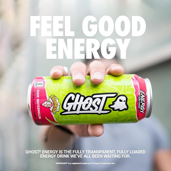 GHOST ENERGY DRINK – 12-PACK, WARHEADS SOUR WATERMELON, 16OZ – ENERGY & FOCUS & NO ARTIFICIAL COLORS – 200MG OF NATURAL CAFFEINE, L-CARNITINE & TAURINE – GLUTEN-FREE & VEGAN