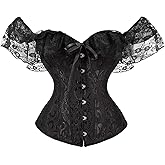 Michellecmm Women's Corset Top with Lace Sleeve - Lace Up Bustier Boned Overbust Bodyshaper Lingerie Top