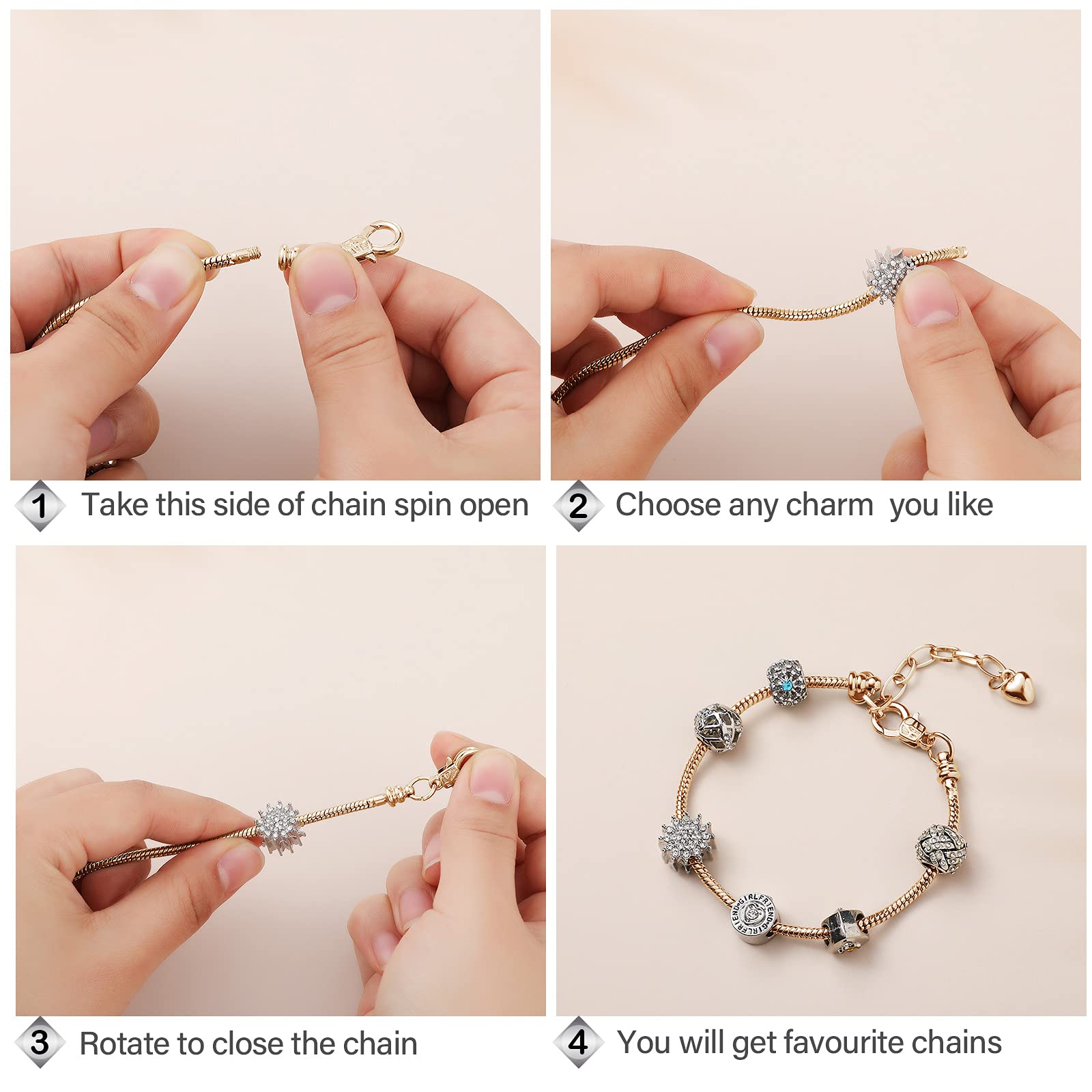 Hicarer 20 Pcs Chain Bracelet for Jewelry Making Women DIY Adjustable Snake Charm Bracelet with Heart Shape Extender Chain(Silver, Gold)