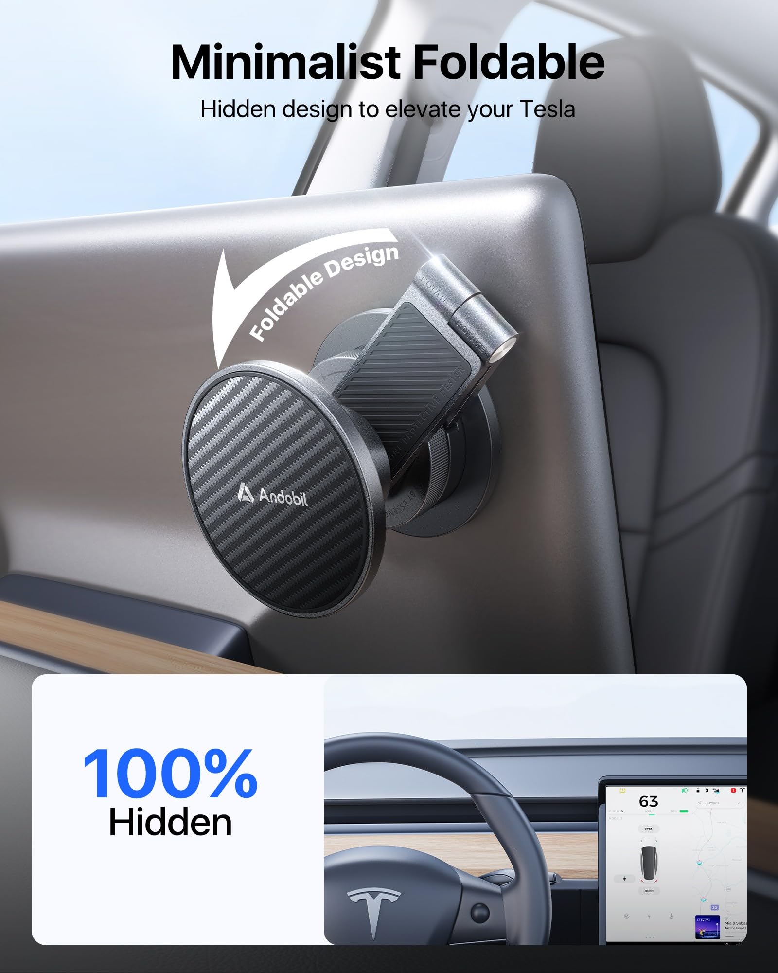 andobil Upgrade Tesla Phone Mount [Strong Magnet & Foldable] MagSafe Car Mount for Tesla New Model Y Juniper Model 3, 360° Adjustable Tesla Phone Holder fits iPhone 17 16 15 Pro Max, Tesla Accessories