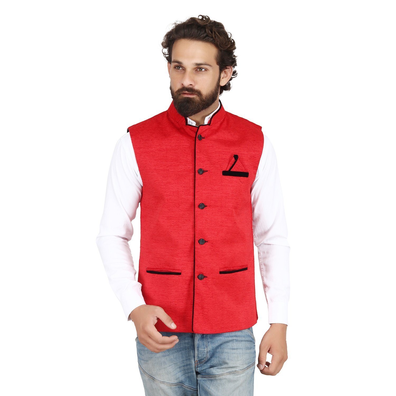 red nehru jacket with jeans