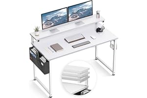 ODK Computer Desk with Adjustable Monitor Shelves, 48 inch Home Office Desk with Monitor Stand, Writing Desk, Study Workstation with 3 Heights (10cm, 13cm, 16cm), White + White Leg