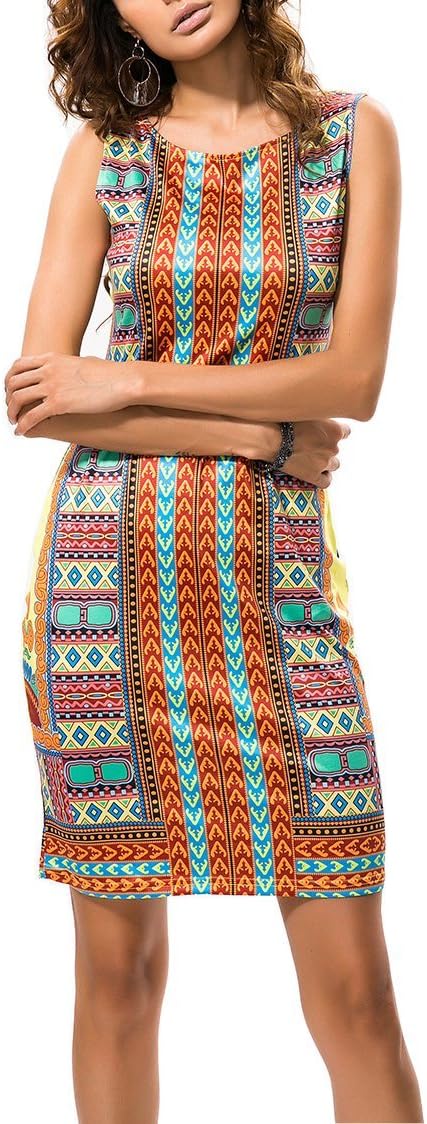 AOVCL Women Traditional African Print Dashiki Bodycon Sleeveless Dress