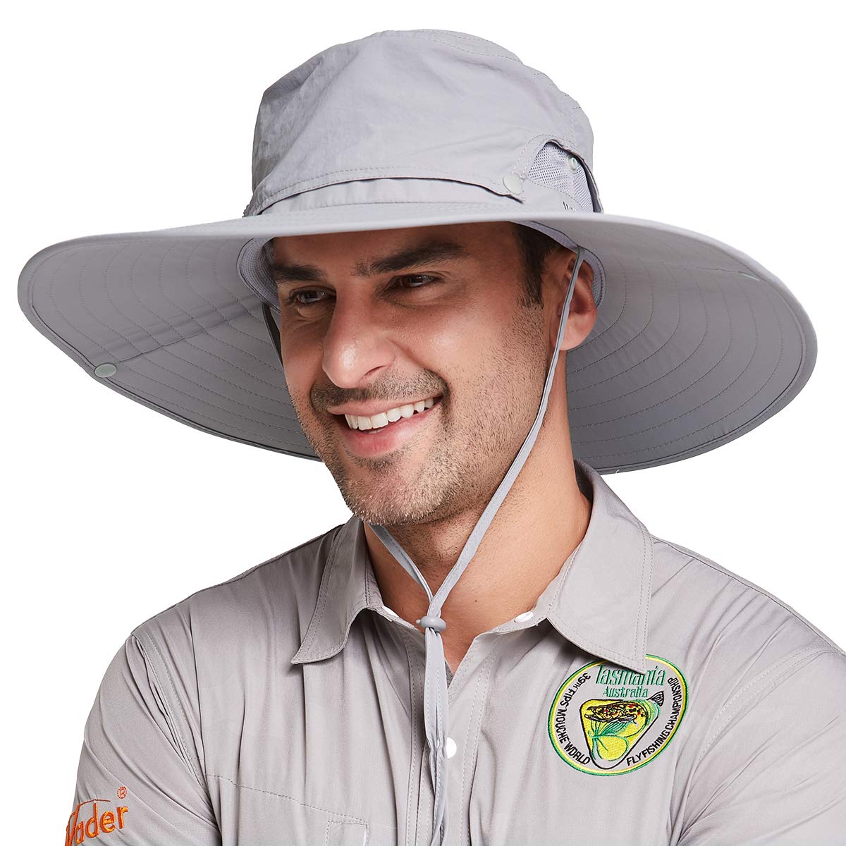Gisdanchz Outdoor Fishing Sun Hats for Men,Breathable Mens Bucket Hats for Safari Hiking Beach Garden UPF 50 Protection Wide Brim Summer Boonie Hats for Men with String and Removable Cover,Light Gray