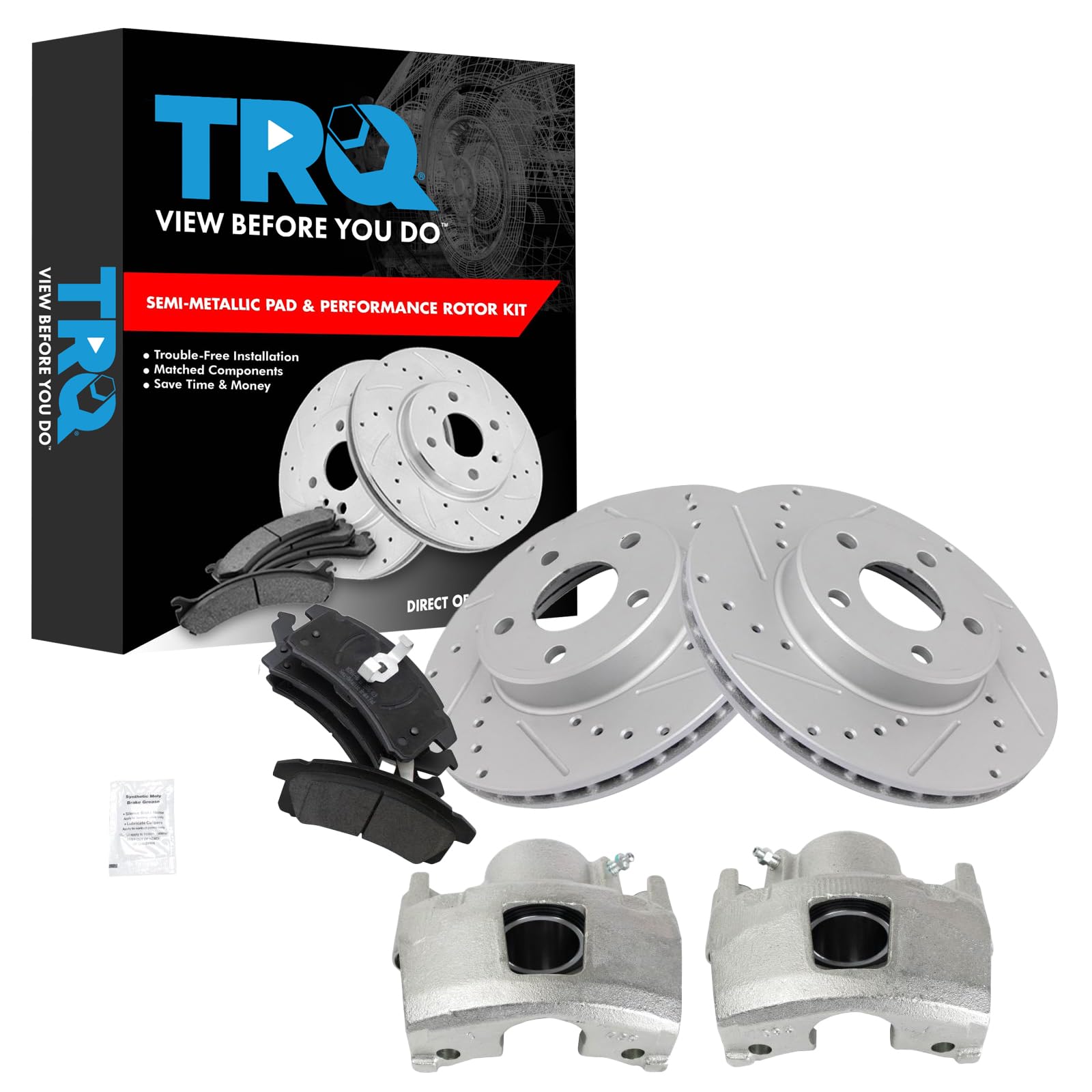 TRQ Front Brake Pad and Rotor Set Semi Metallic Coated Drilled Rotors Calipers Compatible with 1990-1995 Buick Skylark Pontiac Grand Am 1992-1995 Chevrolet Beretta Cavalier Corsica Oldsmobile Achieva Image