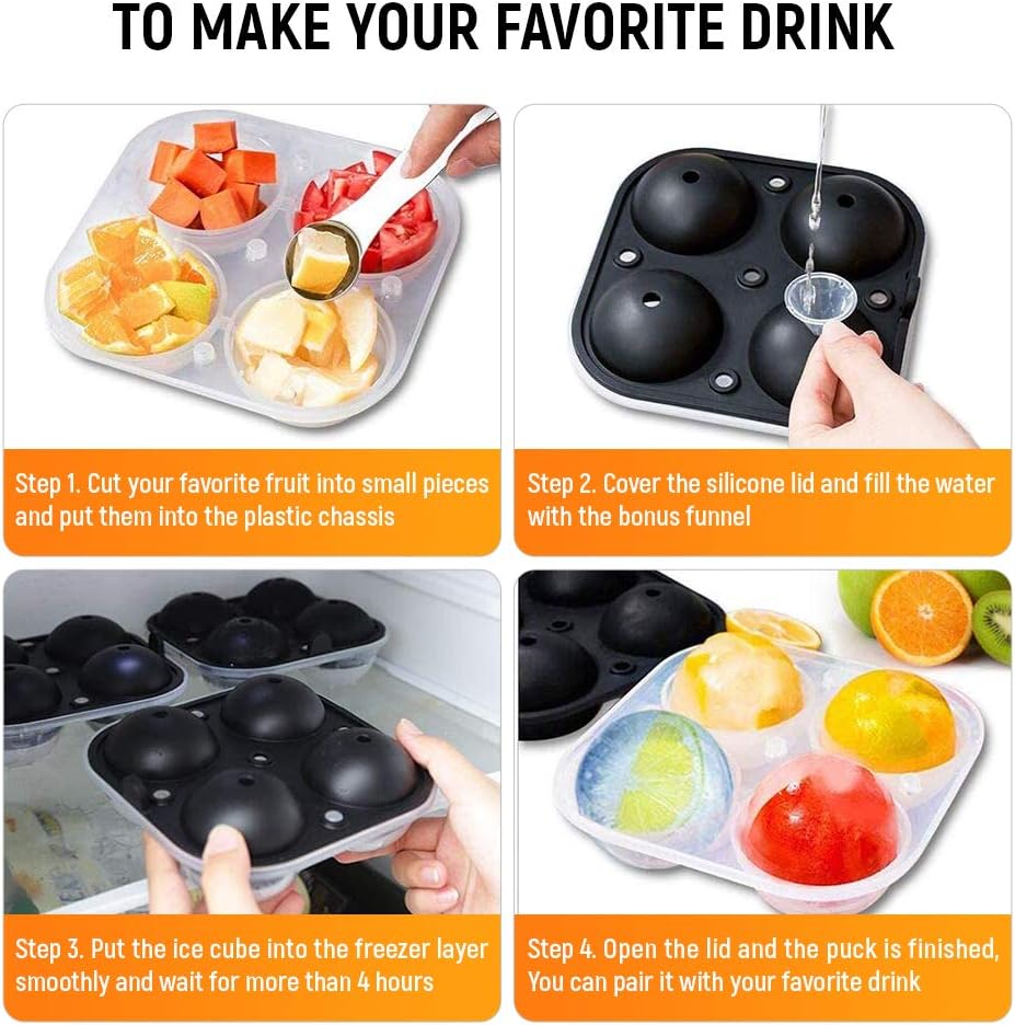Cusbus Large Ice Cube Trays for Whiskey, 2.5" Flexible 4 Ice Balls Maker with Lids & 4 Bonus Funnels, BPA Free Round Silicone Ice Cube Molds, Reusable Sphere Ice Tray for Cocktail, Bourbon, Scotch: Kitchen & Dining