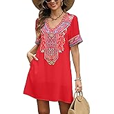 Grosy Fiesta Embroidered Mexican Dress for Women Beach Vacation Plus Size Short Sleeve Summer Boho Dresses with Pocket