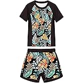 LQSZ Girls Swimsuits Two Pieces Short Sleeve Rash Guard Girls Toddler Bathing Suit Suitable for 3-12 Years