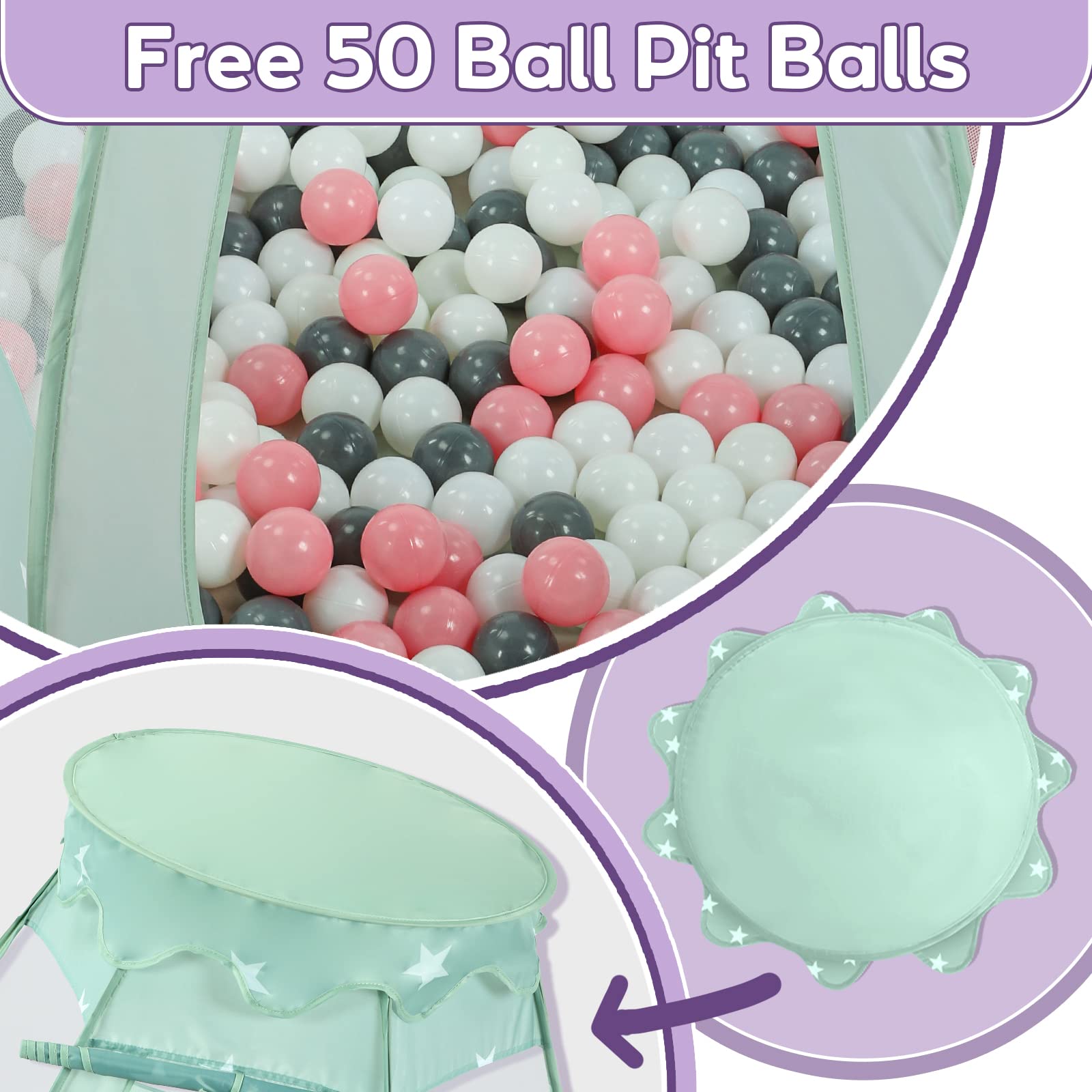 Wilhunter Baby Ball Pit Tent with 50 Balls - For Toddlers, Pink/White/Gray Princess Playhouse with Carry Bag, 109x90cm