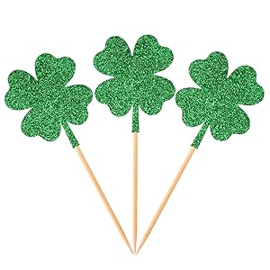 Donoter 36 Pcs Four Leaf Clover Cupcake Toppers Glitter Green Shamrock Food Picks for St.Patrick's Day Party Cake Decoration