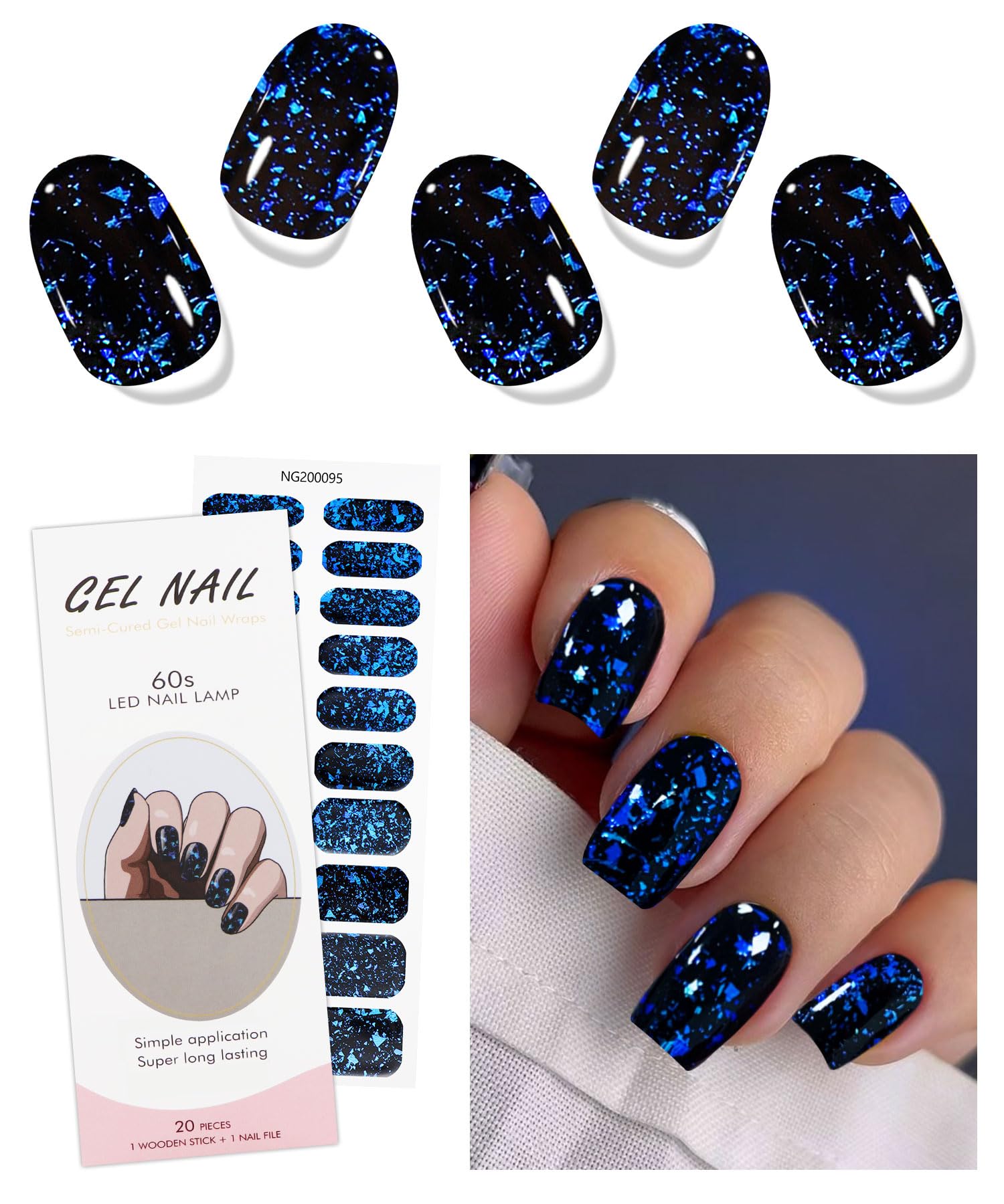 JMEOWIO Gel Nail Stickers Dark Blue Semi Cured Gel Nail Strips Wraps UV/LED Nails Art Design Decoration Accessories