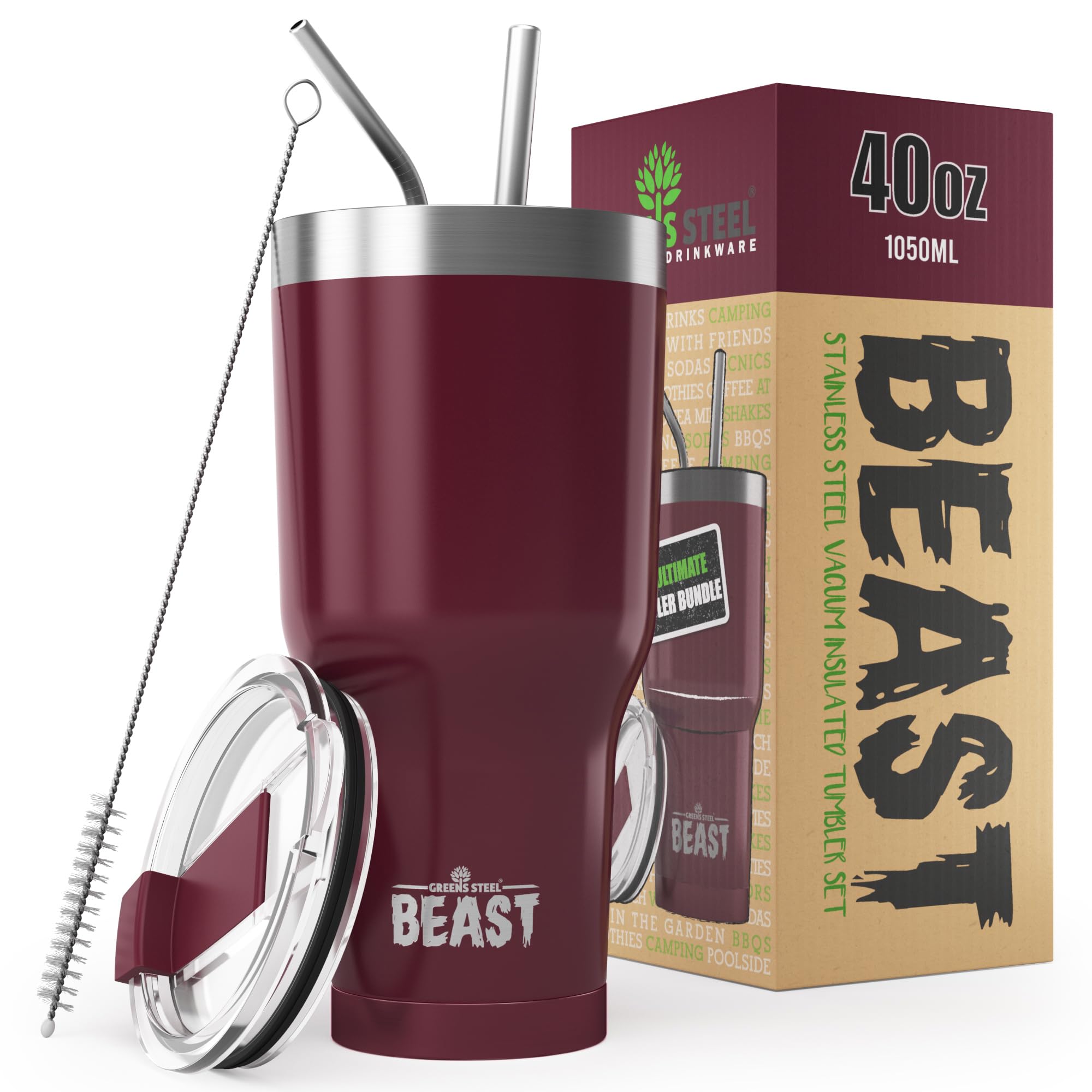 Beast Tumbler - 1050 ml (40 oz), Cranberry | Reusable Stainless Steel, Vacuum Insulated Cup | with + 2 Straws & Cleaning Brush | Double Wall Travel Flask Perfect for Hot or Iced Coffee | BPA Free — image 1