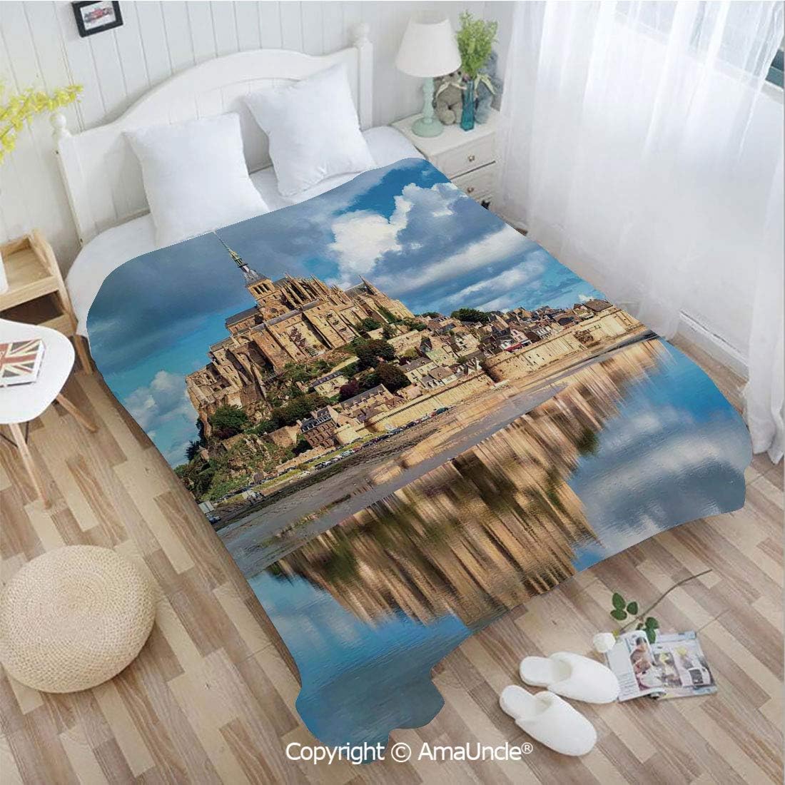 AmaUncle Custom Flannel Blanket W47.25 xL78.74 Bathroom Decor,French Castle on The Sea Fairy Photo of Renaissance Historical Cultural Heritage Super Soft Lightweight Breathable Sleeping Blanket
