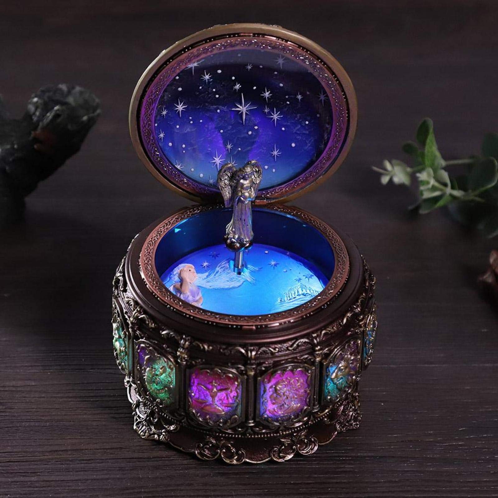 Candeon Vintage Music Box, with Rotating Goddess Twinkling LED Lights, 12 Constellations Design - Plays Castle in the Sky Melody, Unique Collectible Gift for Adults, Christmas, Birthday (Aquarius)