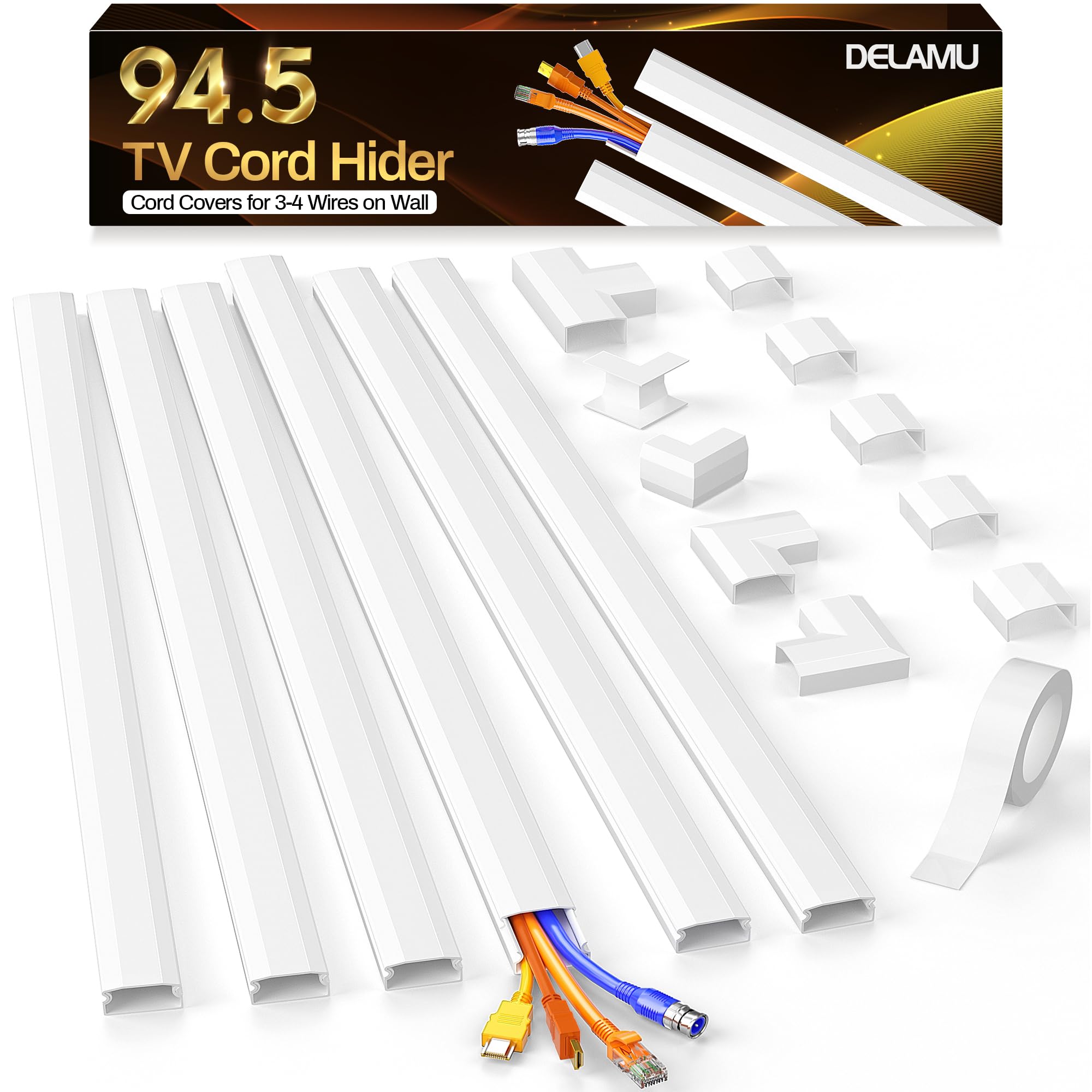 Photo 1 of Delamu Large TV Cord Hider Wall, 94.5in Cord Covers for 3-4 Wires on Wall, Easy Set up Cable Hider Cable Management, Wire Hiders Wire Covers for TV Cords, Cables Cover Raceway, 6X W1.18 H0.67in, White
