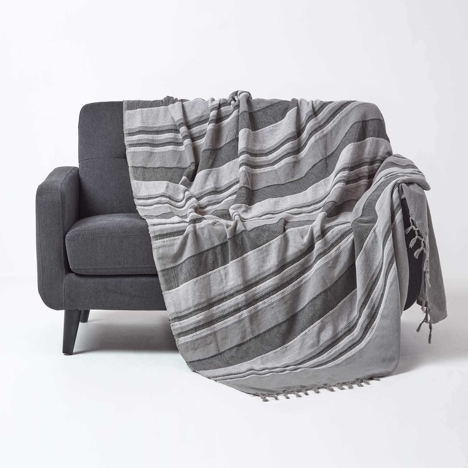 HOMESCAPES Light Grey Throw “Morocco” Cotton Textured Stripe Throw 150 x 200cm Bedspread Sofa Throw Handmade Suitable for Armchairs and 2 Seater Sofas or Single and Double Beds Machine Washable