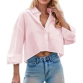 Teepie Women Cropped Button Down Shirts Long Sleeve Blouses Casual Work Crop Tops with Chest Pocket