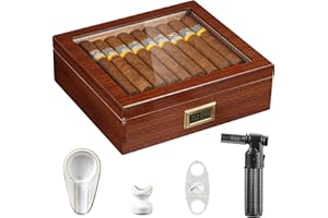 Flauno Cedar Cigar Humidor Set, Includes Torch Lighter, Ashtray, Cutter, Holder, Accurate Digital Hygrometer, Humidifier, Divider, High Gloss Finish Desktop Cigar Box up to 60 Cigars for Cigar Lovers