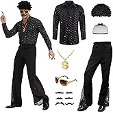 KDAFJLKD 6 Pcs 70s Disco Outfit Costume for Men Dance Bell Bottom Pants Retro Shirts Moustache Sunglasses Wigs Necklace