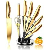 8-Piece Gold Kitchen Knife Set With Black Block Luxury Gifts | Gold Titanium-Coated Stainless Steel Chef Knife Set with Sharpener,Sharp,Ergonomic Handle,for Modern Kitchen