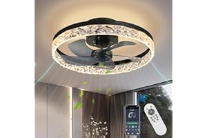 AHAWILL Crystal Ceiling Fans with Lights,19.7" Flush Mount Ceiling Fan with Remote,Low Profile,Reversible,Noiseless,Dimmable,Black Fandelier Chandelier Ceiling Fan for Bedroom.