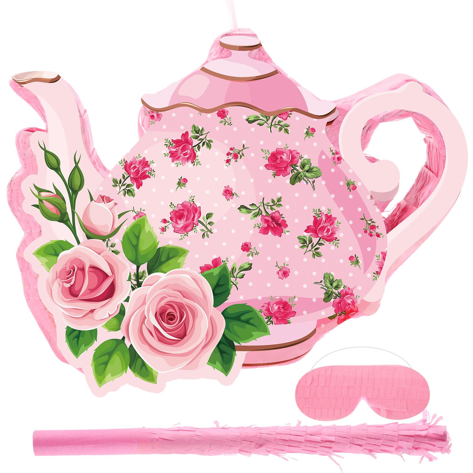 Photo 1 of Aoriher 4 Pieces Tea Party Piñatas Tea Flower Themed Decorations Teapot Small Piñata Bundle with Blindfold and Stick Teacup Party Supplies Favors for Birthday