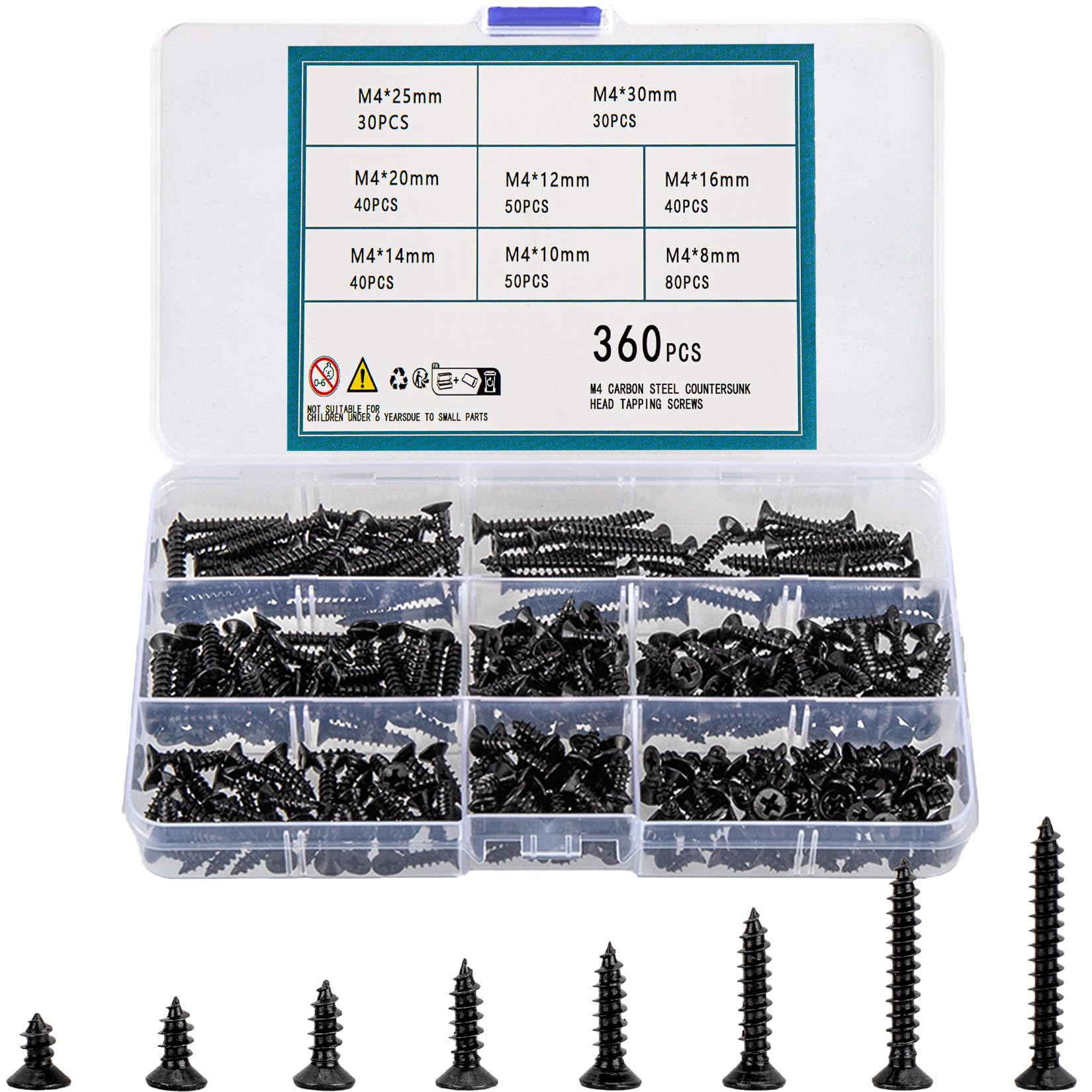 QOOSIKICC 360pcs M4 Flat Head Self Tapping Wood Screws, Drive Countersunk Head Self-Tapping Screws Assortment Fasteners Kit for Wood Furniture Repair Cabinet, Carbon Steel