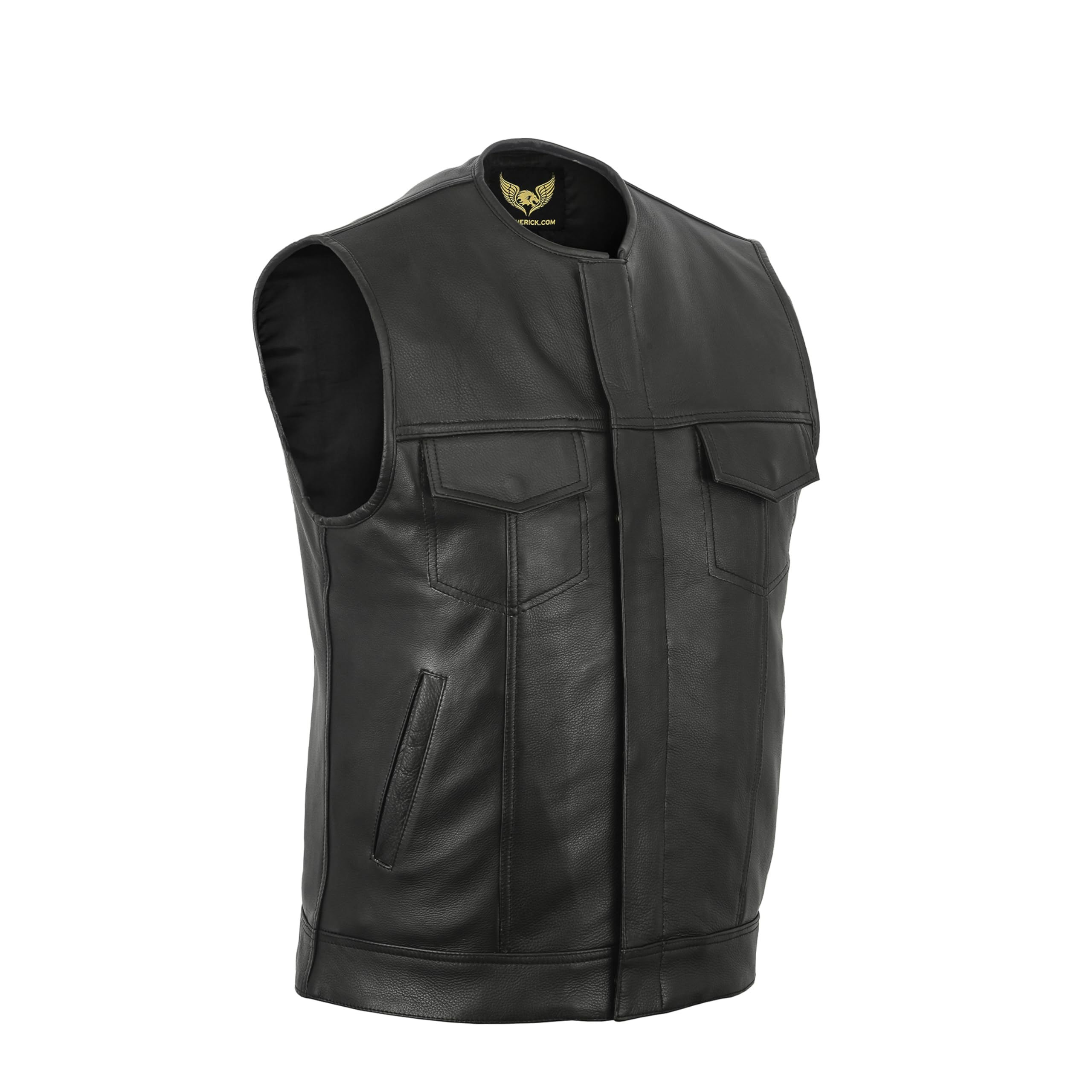 Leatherick Men's Anarchy Club Collarless Black Genuine Leather Biker Vest