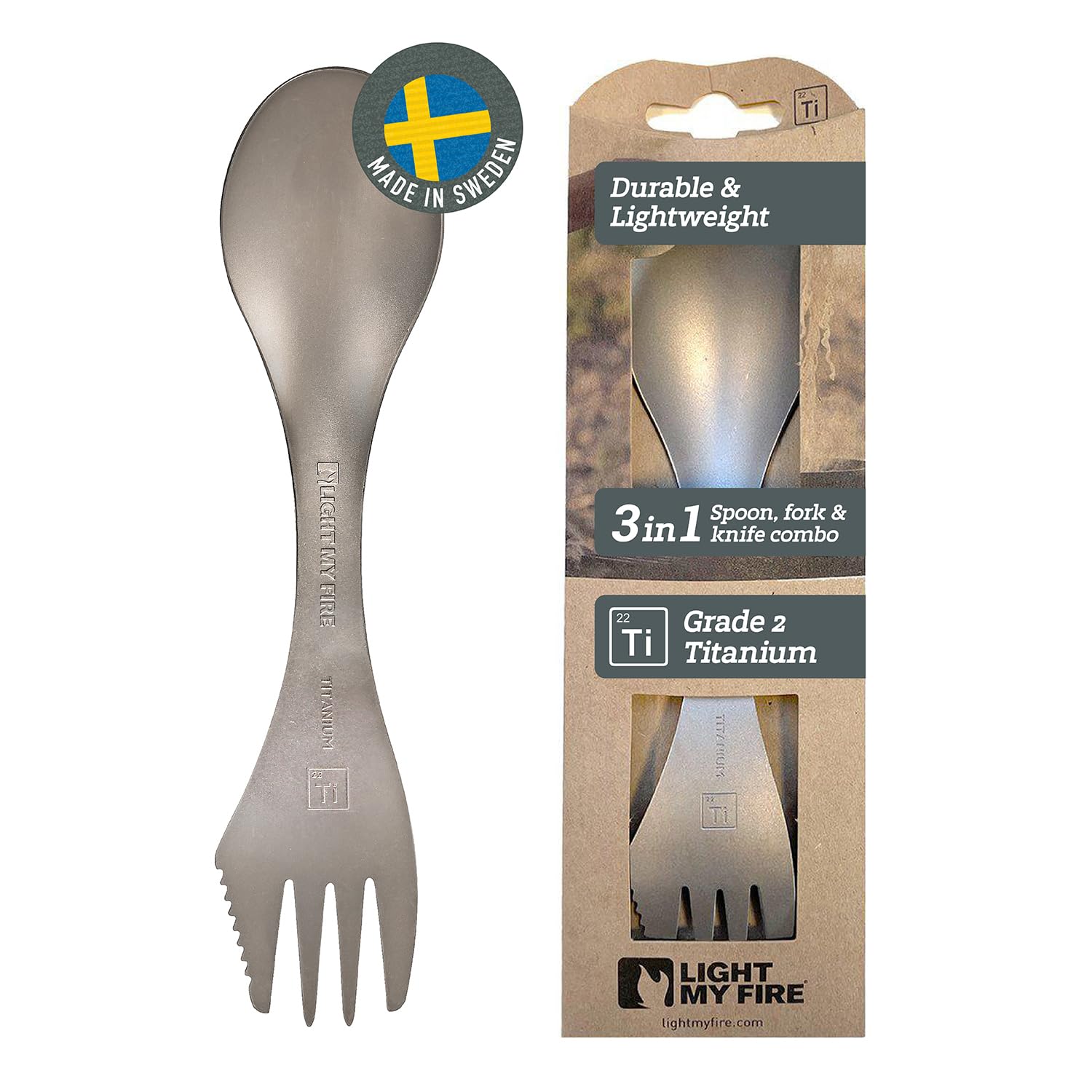 Light My Fire Göffel Titan Spork, ultraleichtes Titan Besteck, 3-in-1 Campingbesteck mit Löffel Gabel Messer, Outdoor Besteck für unterwegs, Löffel To Go - Robustes Reisebesteck aus Schweden