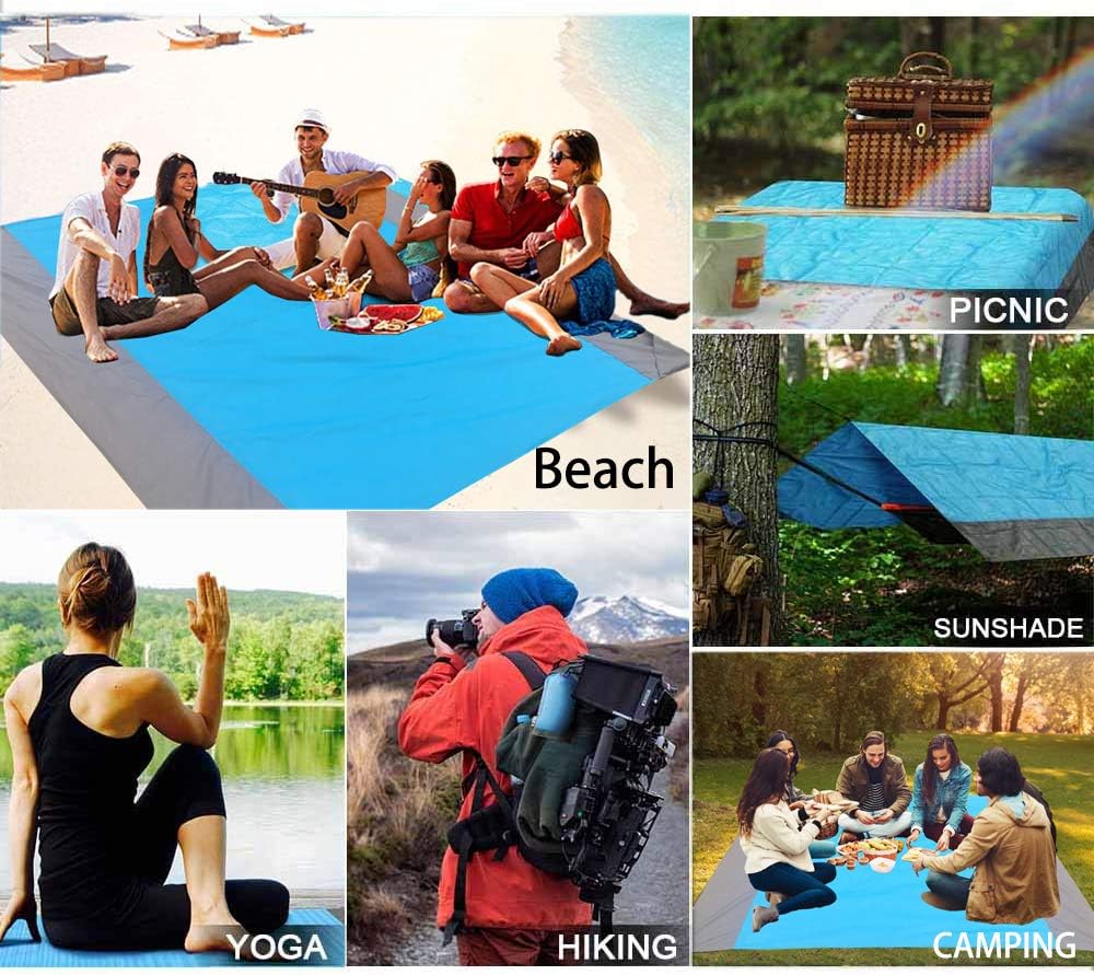 Fashion Beach Blanket, Oversize 108" x 120" for 10-12 Adult Waterproof Outdoor Portable Picnic Mat with 4 x Stakes & Corner Pockets - Beach Mat for Travel, Camping, Hiking, Music Festivals, BBQ (Blue): Kitchen & Dining
