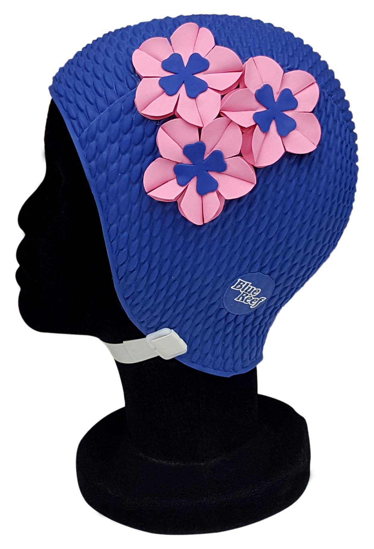 Blue Reef Seoul Bubble Single Colour Floral Ladies Classic Retro 3 Flower 2 Colour Trio Of 3D Petal Stylish Vintage Swimming Hat Swim Cap One Size Adults With Strap (Blue/Pink)
