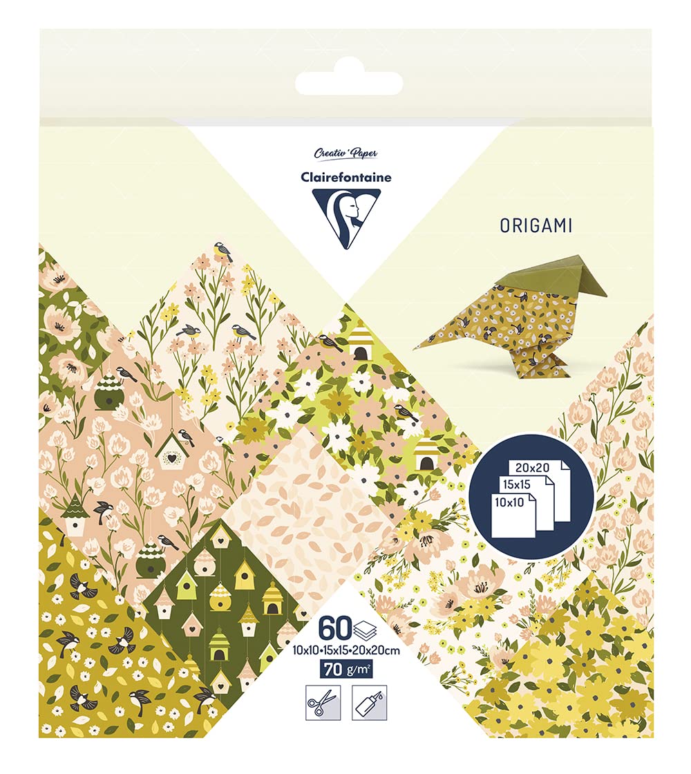 Clairefontaine 95378C 60 Sheets of Origami Paper Spring Case 70gsm 3 Size 10x10cm 15x15cm 20x20cm 10 Ast Coloured Designs 2 Sheets per Size Creative Leisure
