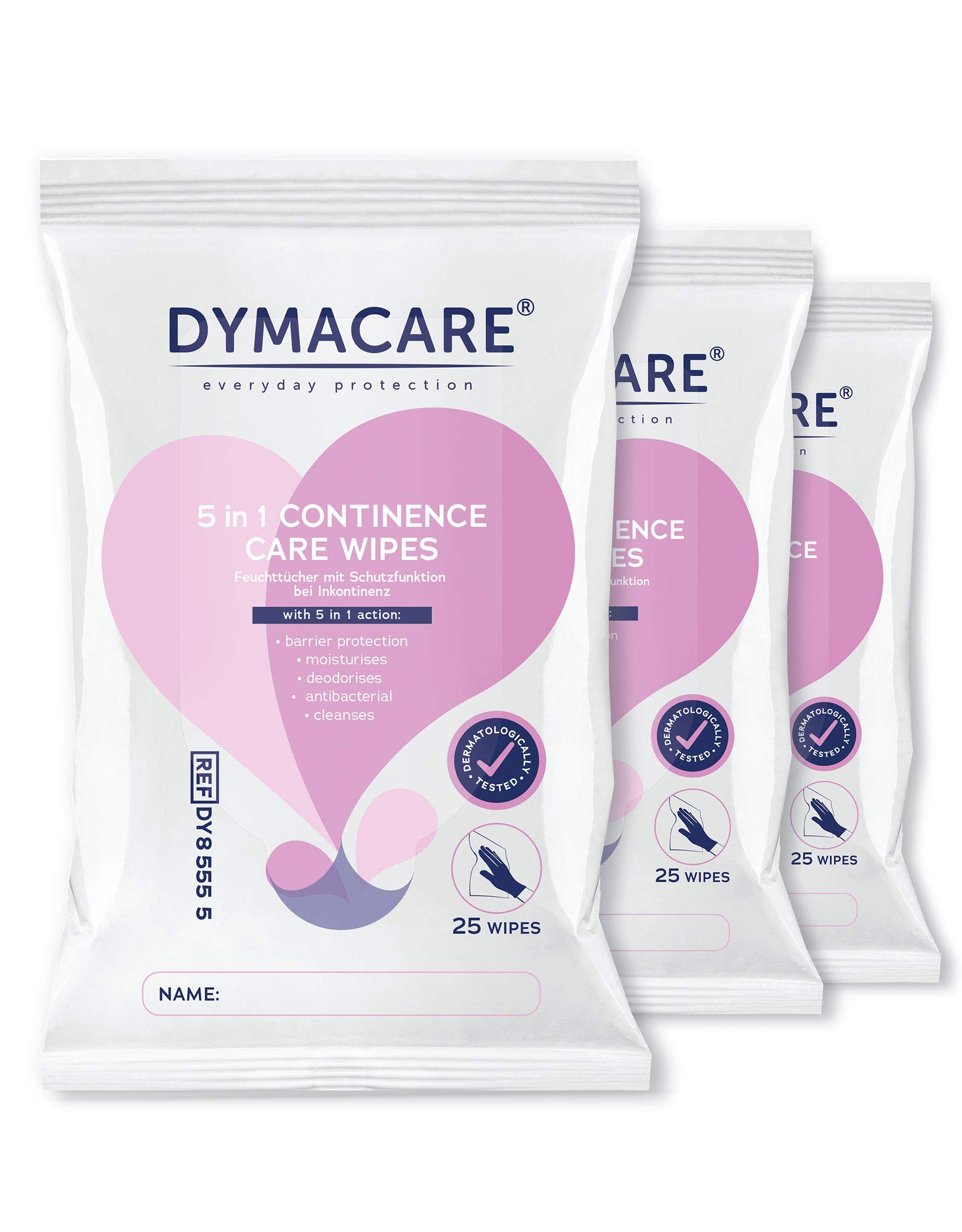 DYMACARE 5 in 1 Continence Care Wipes | Adult Scented Premium Disposable Incontinence Cloths | Skin Cleansing Wipes with Barrier Protection | 3 Packs (75 Wipes in Total)