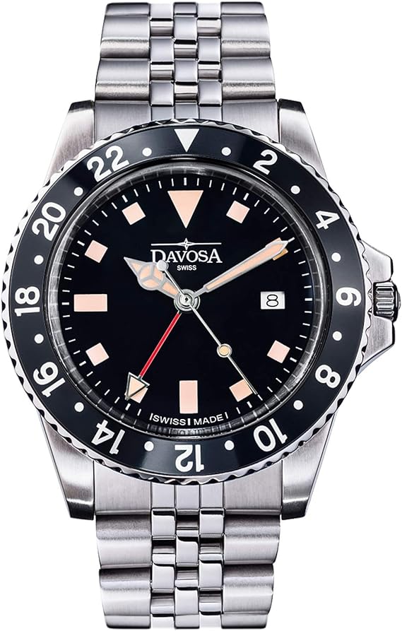 Amazon Davosa プロフェッショナル メンズ腕時計 高品質 スイス製 クォーツ Gmt デュアルタイム アナログ文字盤 ラグジュアリー ビンテージ ファッション リストバンド ブラック Ss メンズ腕時計 腕時計 通販