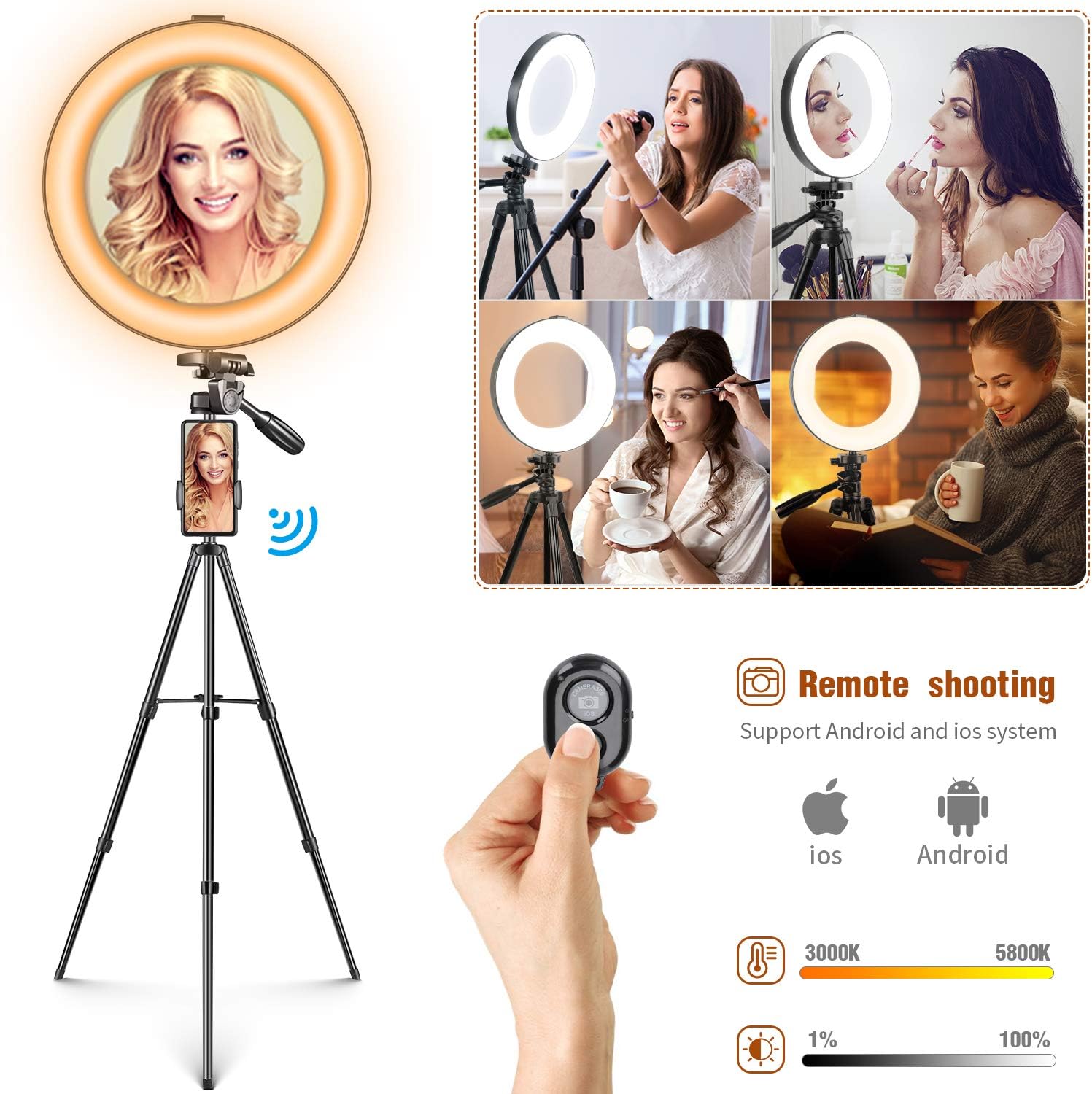 Selfie Ring Light - 14 Colors RGB Ring Light with 2 Adjustable Tripod Stand/Phone Holder/Camera Remote Shutter Best 10 Brightness Levels Dimmable LED Ring Light for Makeup,YouTube, Photography