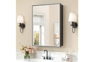 Keonjinn 24” x 30” Black Bathroom Medicine Cabinets with Mirror Recessed or Surface Wall-Mounted Aluminum Alloy Metal Framed Beveled Bathroom Mirror, Large Single Door Farmhouse Storage Cabinet Mirror