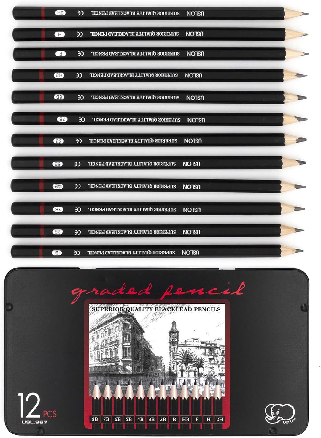 Professional Pencils Drawing Pencils Sketching Pencils Graphite Pencils Art Pen Set including 12 Hardness Levels in a Metal Tin Pack of 12