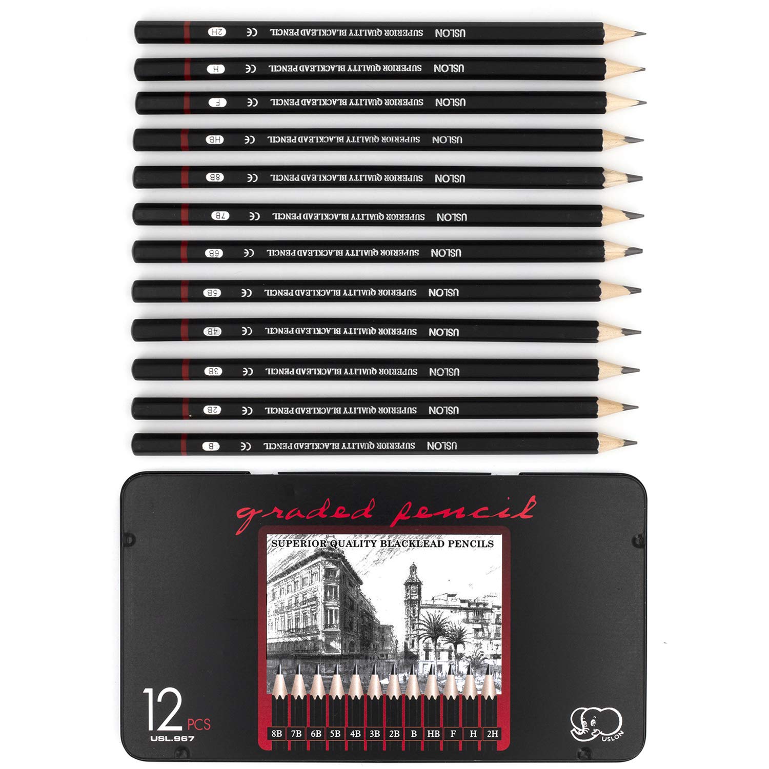 Professional Pencils Drawing Pencils Sketching Pencils Graphite Pencils Art Pen Set with 12 Hardness Levels in a Metal Tin Pack of 12