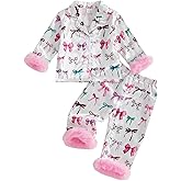 Hnyenmcko Toddler Baby Girl Christmas Satin Pajamas Fuzzy Trim Long Sleeve Santa/Bow Print Button Shirt Pants Kids Pjs Set