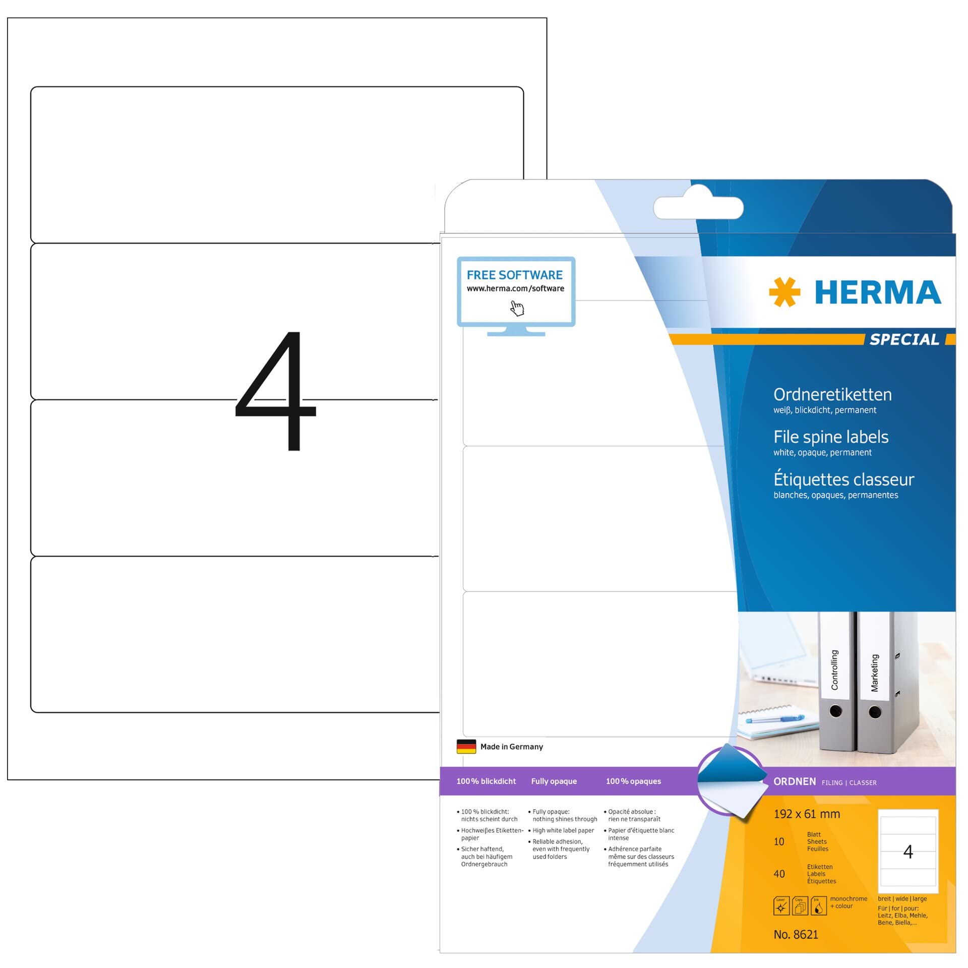 HERMA Self Adhesive Spine Labels, 4 Labels per A4 Sheet, 10 Sheets, 192 x 61 mm, 40 Labels, Blank Lever Arch File Folder Labels Stickers, Sticky Labels for Laser & Inkjet Printer, White
