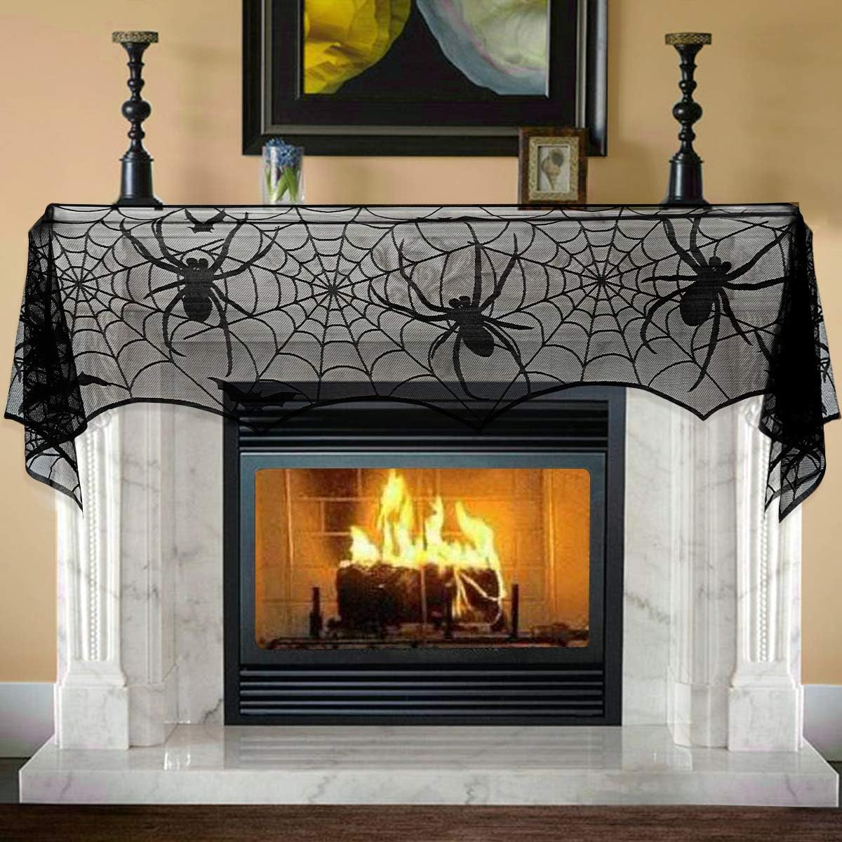 Unomor Halloween Decorations 25 x 121 inch/65 X 308cm Jumbo Black Lace Spiderweb Fireplace Mantle Scarf Cover Halloween Party Supplies for Door, Table, Stairs, Garden Fence